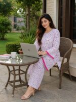 White pink floral 2 piece stitched lawn suit