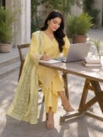 Yellow embroidered 3 piece stitched cotton suit with matching trouser and printed dupatta for women by AR Pehnawa