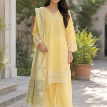 Yellow embroidered 3 piece stitched cotton suit with matching trouser and printed dupatta for women by AR Pehnawa