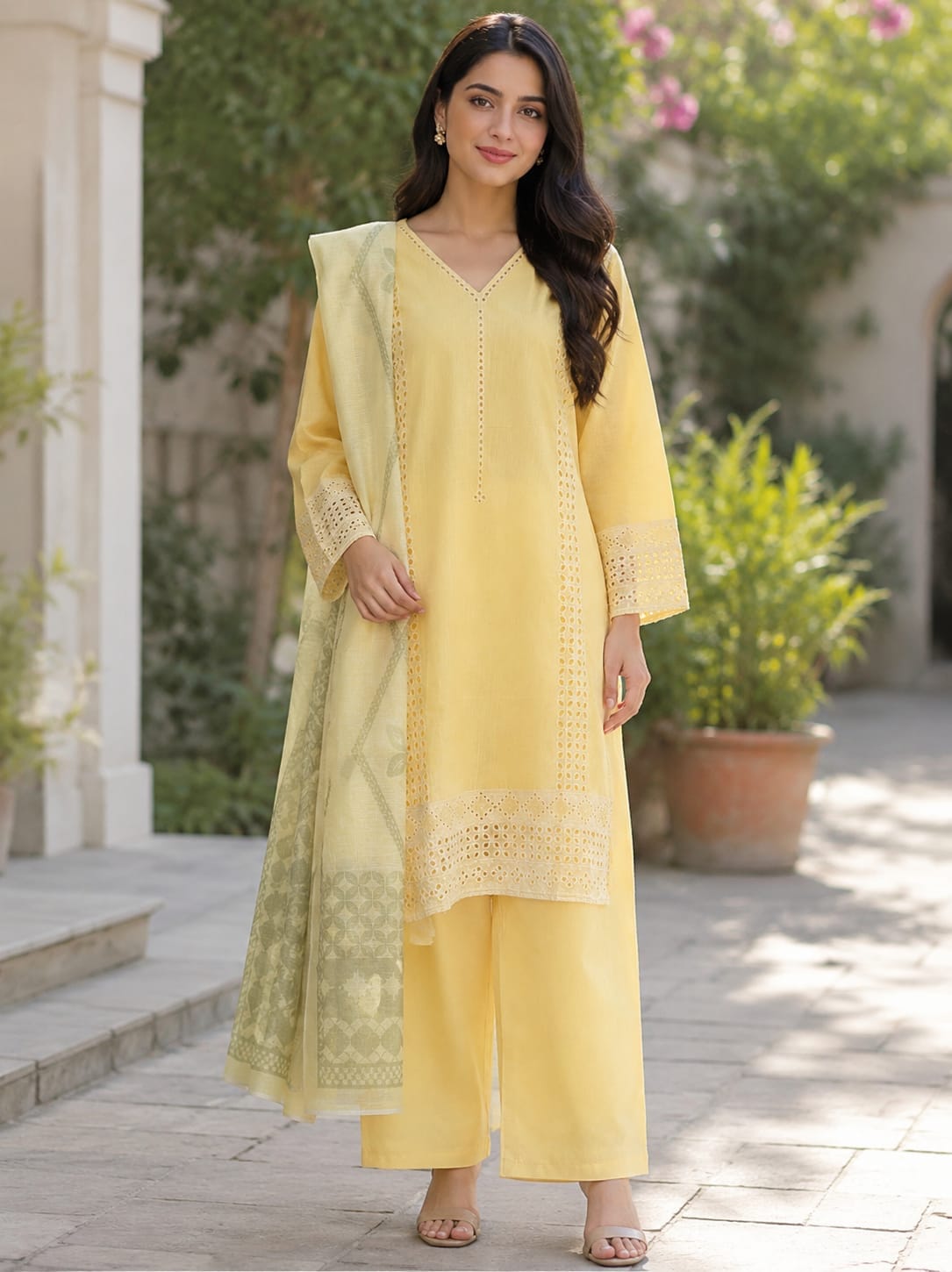Yellow embroidered 3 piece stitched cotton suit with matching trouser and printed dupatta for women by AR Pehnawa