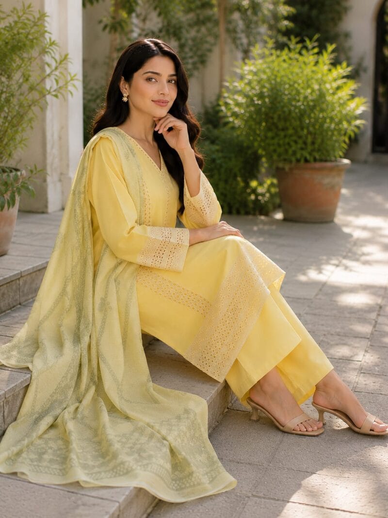 Yellow embroidered 3 piece stitched cotton suit with matching trouser and printed dupatta for women by AR Pehnawa