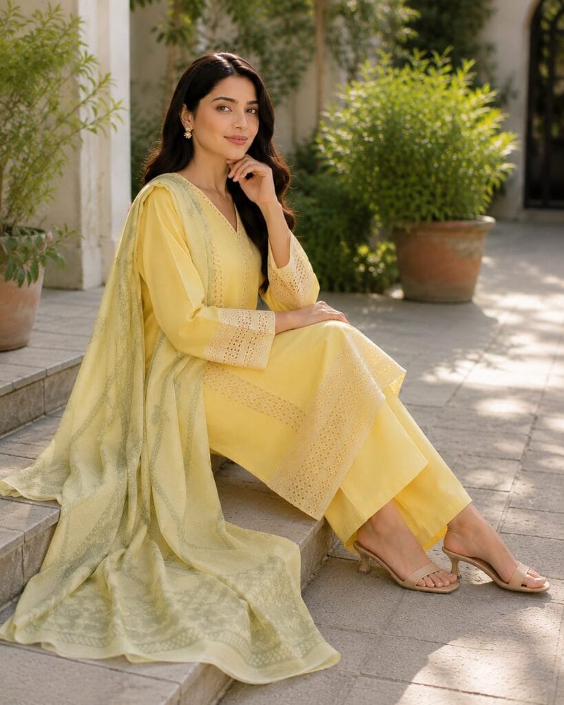 Yellow embroidered 3 piece stitched cotton suit with matching trouser and printed dupatta for women by AR Pehnawa