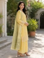 Yellow embroidered 3 piece stitched cotton suit with matching trouser and printed dupatta for women by AR Pehnawa