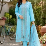 Light blue 3 piece cotton embroidered suit for women with dupatta