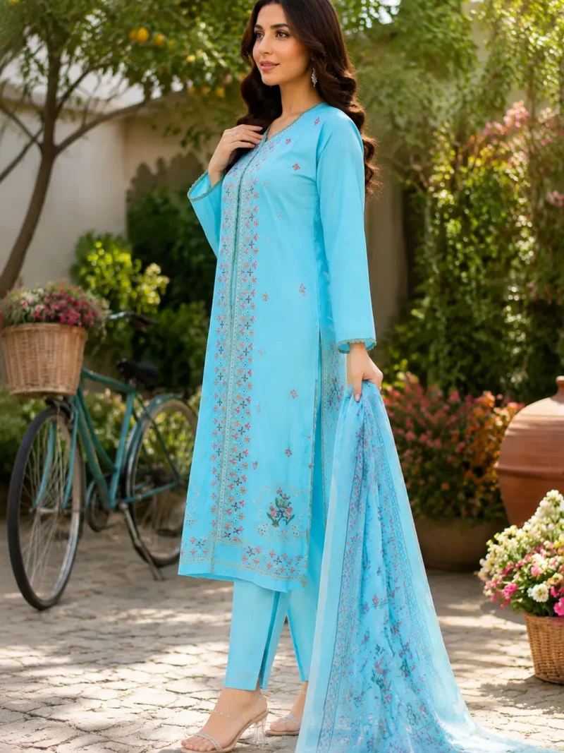 Homepage 22 Light blue 3 piece cotton embroidered suit for women with dupatta