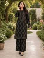 Black 2 Piece Stitched Lawn Suit for Women with golden print