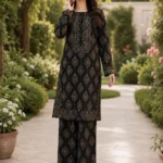 Black 2 Piece Stitched Lawn Suit for Women with golden print