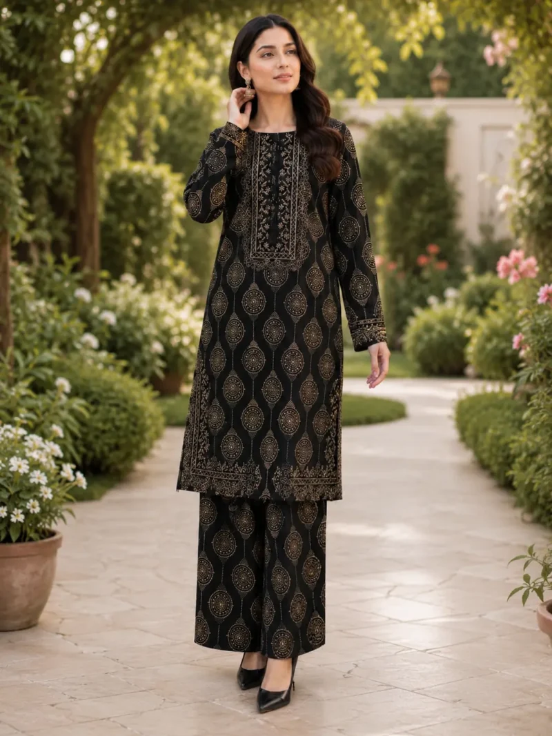 Black 2 Piece Stitched Lawn Suit for Women with golden print