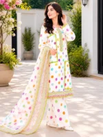 White polka dot 3 piece lawn suit with printed dupatta for women