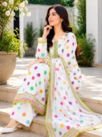 White polka dot 3 piece lawn suit with printed dupatta for women