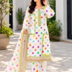White polka dot 3 piece lawn suit with printed dupatta for women