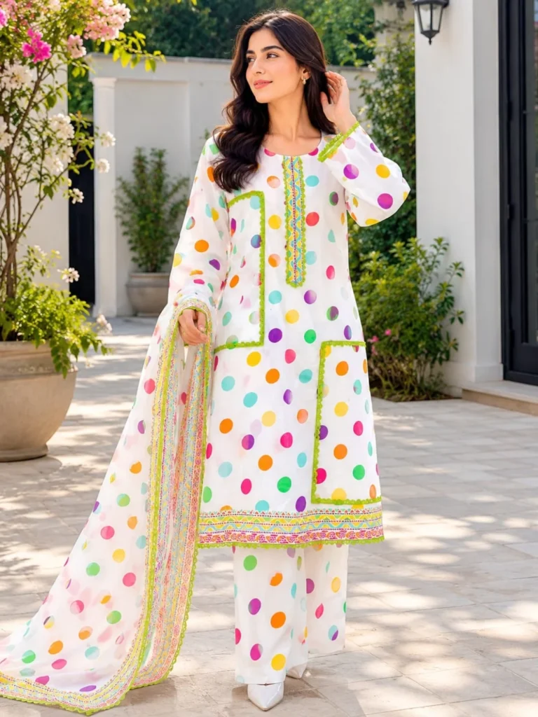White polka dot 3 piece lawn suit with printed dupatta for women