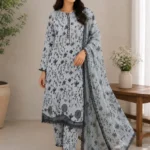 Grey blue floral lawn suit with dupatta for women
