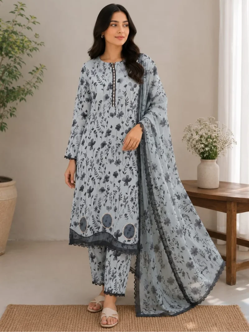 Grey blue floral lawn suit with dupatta for women