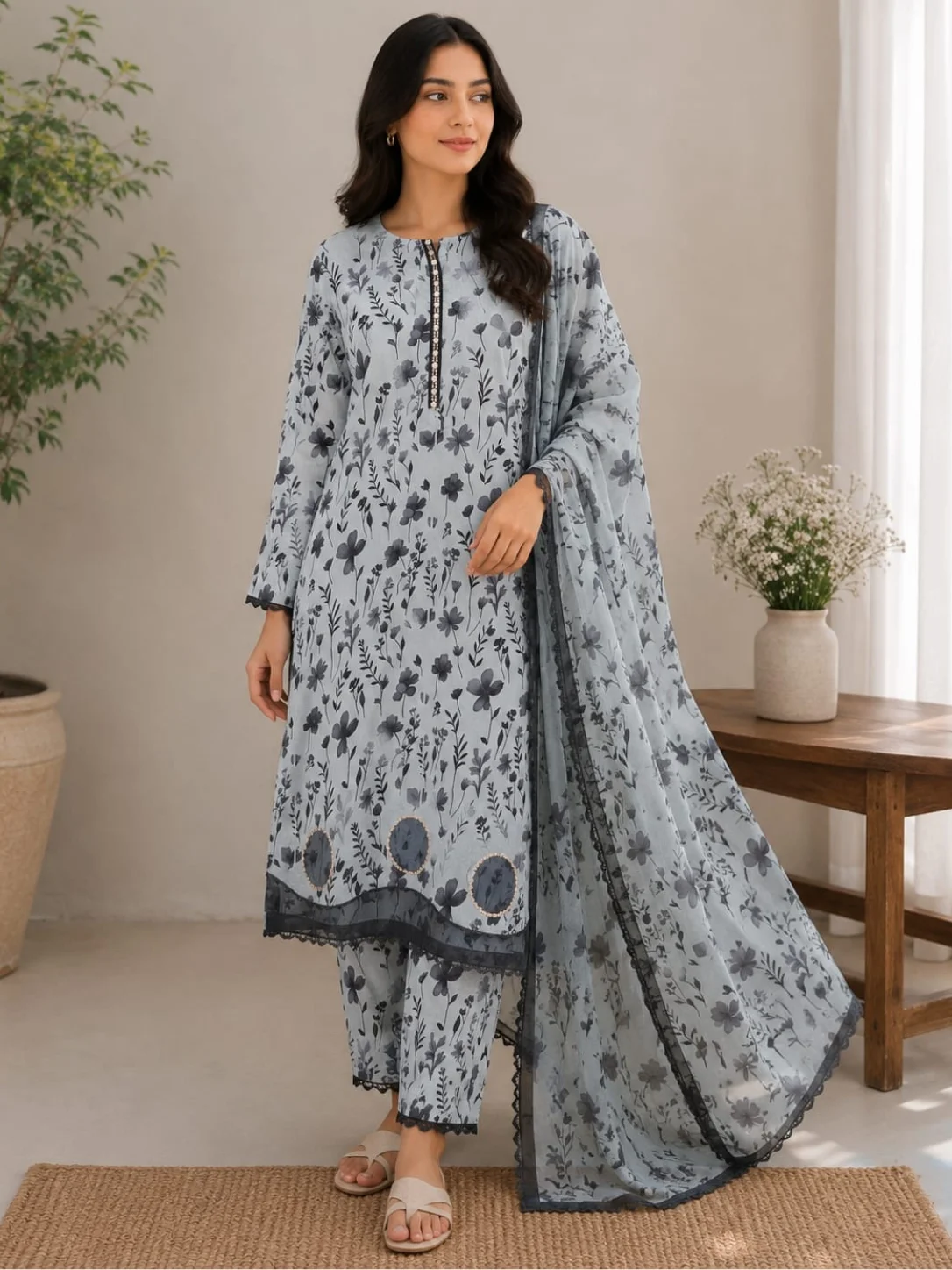 Grey blue floral lawn suit with dupatta for women