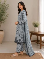 Grey blue floral lawn suit with dupatta for women