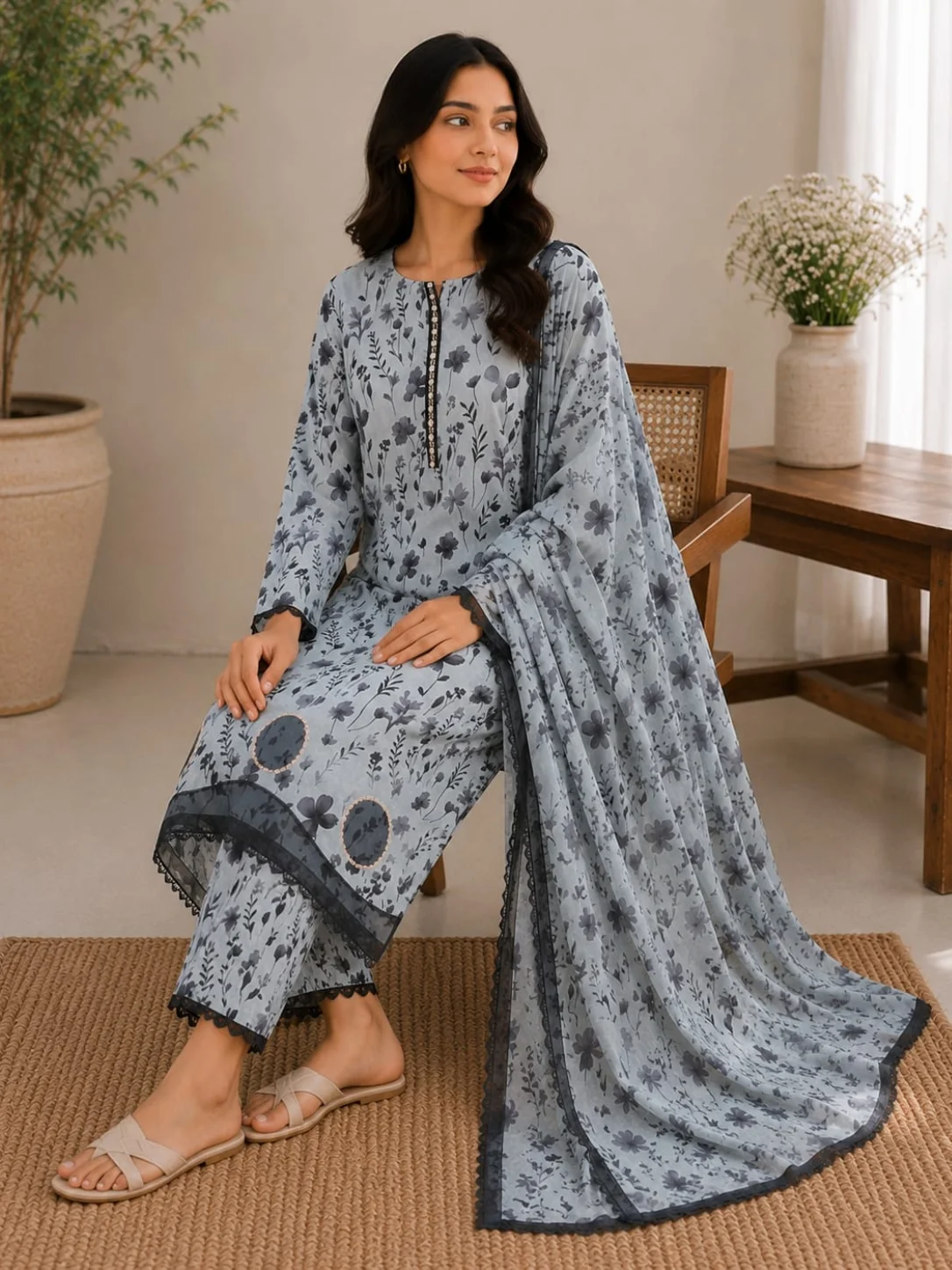 Grey blue floral lawn suit with dupatta for women