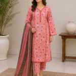 3 Piece Stitched Lawn Suit-Pink Floral Printed for women featuring a pink floral shirt, matching trouser, and coordinated dupatta for ready-to-wear summer styling.