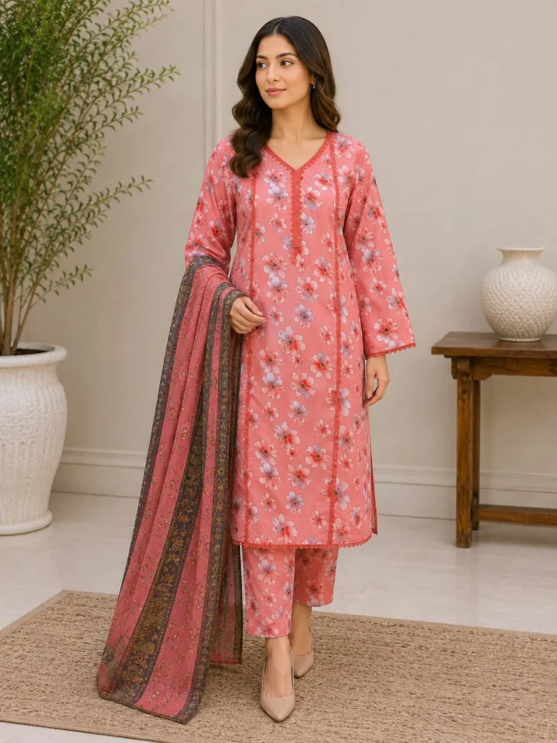 3 Piece Stitched Lawn Suit-Pink Floral Printed for women featuring a pink floral shirt, matching trouser, and coordinated dupatta for ready-to-wear summer styling.