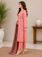3 Piece Stitched Lawn Suit-Pink Floral Printed for women featuring a pink floral shirt, matching trouser, and coordinated dupatta for ready-to-wear summer styling.