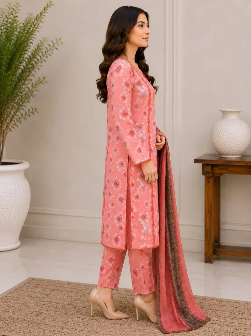3 Piece Stitched Lawn Suit-Pink Floral Printed for women featuring a pink floral shirt, matching trouser, and coordinated dupatta for ready-to-wear summer styling.