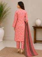 3 Piece Stitched Lawn Suit-Pink Floral Printed for women featuring a pink floral shirt, matching trouser, and coordinated dupatta for ready-to-wear summer styling.