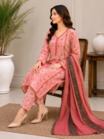 3 Piece Stitched Lawn Suit-Pink Floral Printed for women featuring a pink floral shirt, matching trouser, and coordinated dupatta for ready-to-wear summer styling.