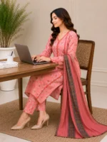 3 Piece Stitched Lawn Suit-Pink Floral Printed for women featuring a pink floral shirt, matching trouser, and coordinated dupatta for ready-to-wear summer styling.