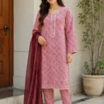Pink maroon 3 piece lawn suit with stitched shirt trouser and dupatta for women
