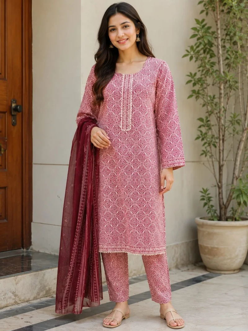 Pink maroon 3 piece lawn suit with stitched shirt trouser and dupatta for women