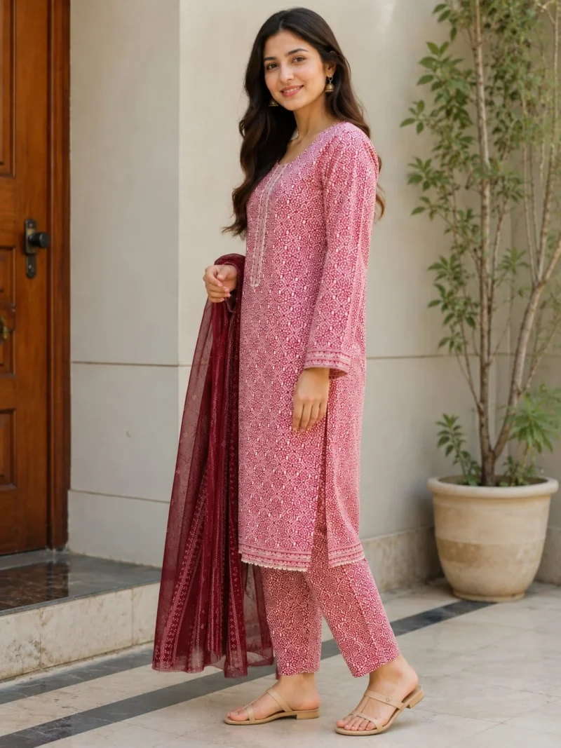 Pink maroon 3 piece lawn suit with stitched shirt trouser and dupatta for women