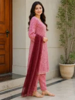 Pink maroon 3 piece lawn suit with stitched shirt trouser and dupatta for women
