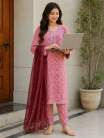 Pink maroon 3 piece lawn suit with stitched shirt trouser and dupatta for women