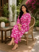 Pink abstract 2 piece lawn suit with stitched shirt and trouser for women