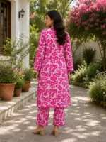 Pink abstract 2 piece lawn suit with stitched shirt and trouser for women