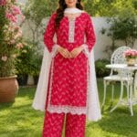 Pink zigzag lawn suit with dupatta for women