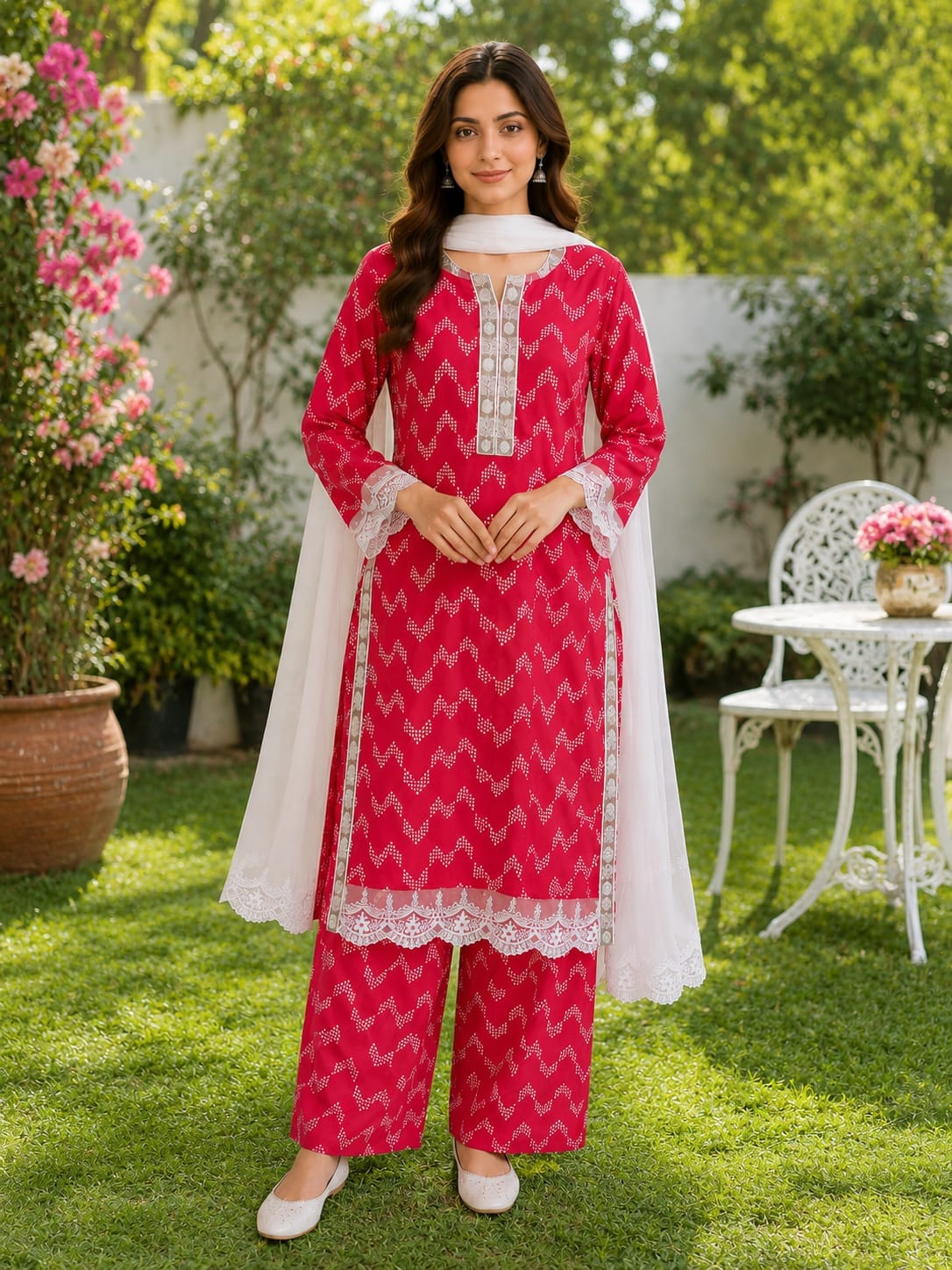 Pink zigzag lawn suit with dupatta for women