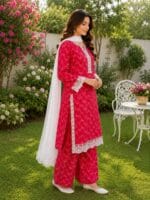 Pink zigzag lawn suit with dupatta for women