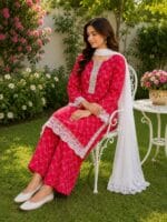Pink zigzag lawn suit with dupatta for women