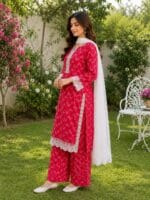 Pink zigzag lawn suit with dupatta for women