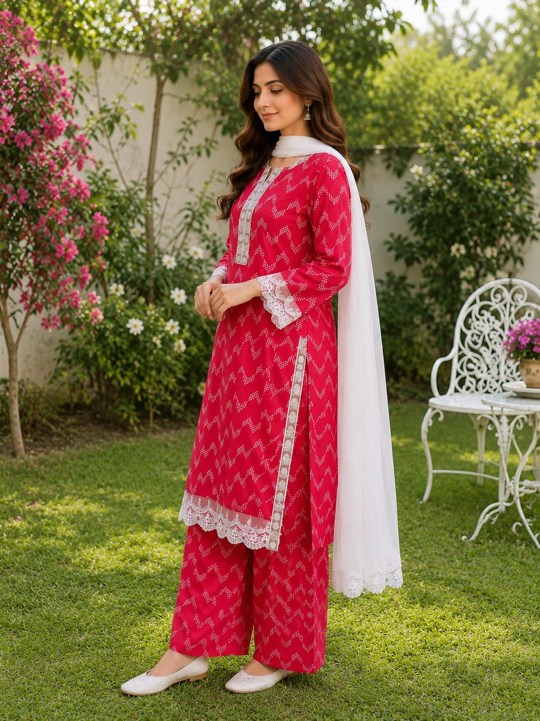 Pink zigzag lawn suit with dupatta for women