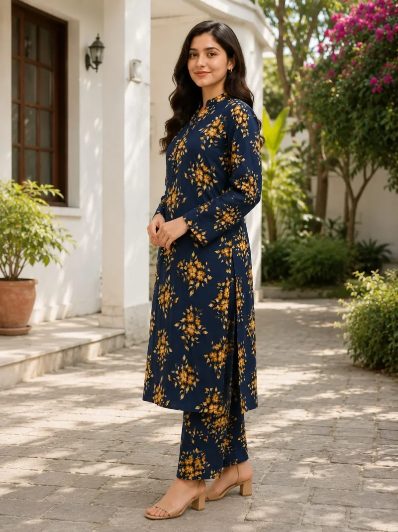 Navy blue floral 2 piece stitched suit with printed shirt and trouser for women