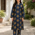 Navy blue floral 2 piece stitched suit with printed shirt and trouser for women