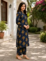 Navy blue floral 2 piece stitched suit with printed shirt and trouser for women
