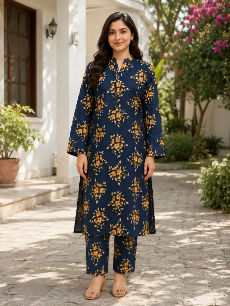 Navy blue floral 2 piece stitched suit with printed shirt and trouser for women