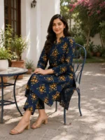 Navy blue floral 2 piece stitched suit with printed shirt and trouser for women