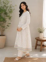 White floral 2 piece frock suit with stitched lawn shirt and trouser for women