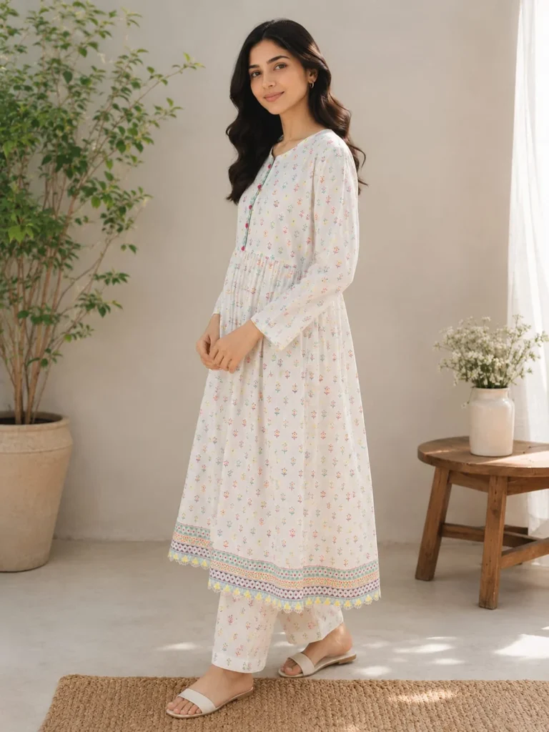White floral 2 piece frock suit with stitched lawn shirt and trouser for women
