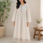 White floral 2 piece frock suit with stitched lawn shirt and trouser for women