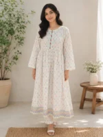 White floral 2 piece frock suit with stitched lawn shirt and trouser for women